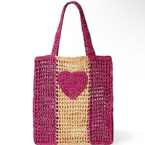 NWT BTB Los Angeles Raffia Market Bag in Fuchsia and Tan MSRP $173